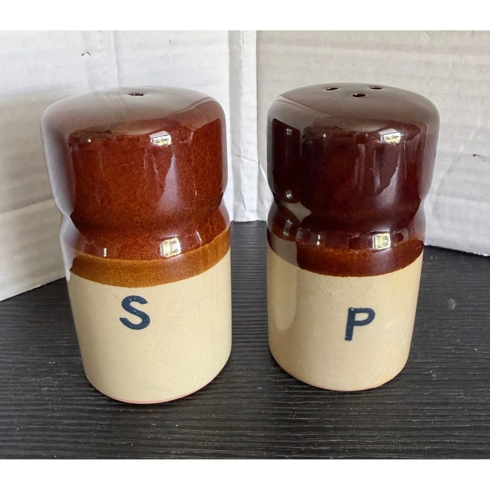 Vintage Two Tone Brown Tan Stoneware Salt and Pepper Shakers Farmhouse Ceramic